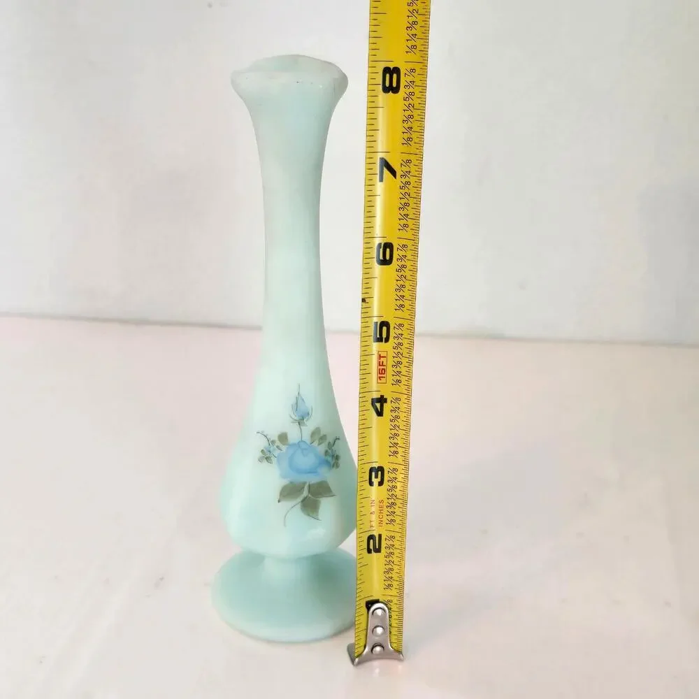 Vintage Fenton Bud Vase Blue Roses Hand Painted Satin Glass Artist Signed MCM